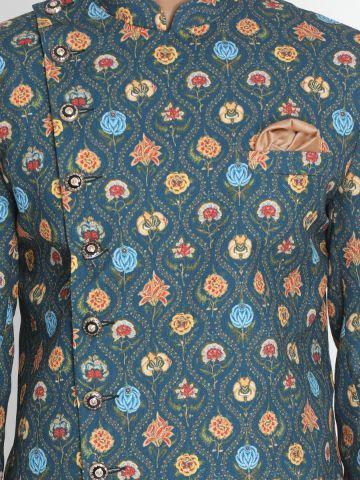 Vastramay Men's Dark Green Silk Blend Sherwani Set